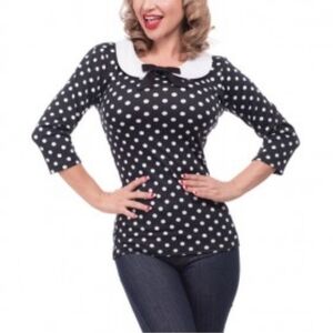 Rock Steady Black White Polka Dot Peter Pan Collar Top NEW